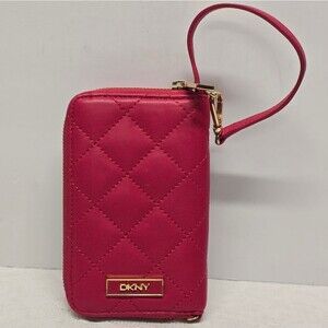 DKNY Hot Pink Fuchsia Quilted Genuine Leather Wallet Wristlet Cell Phone Case